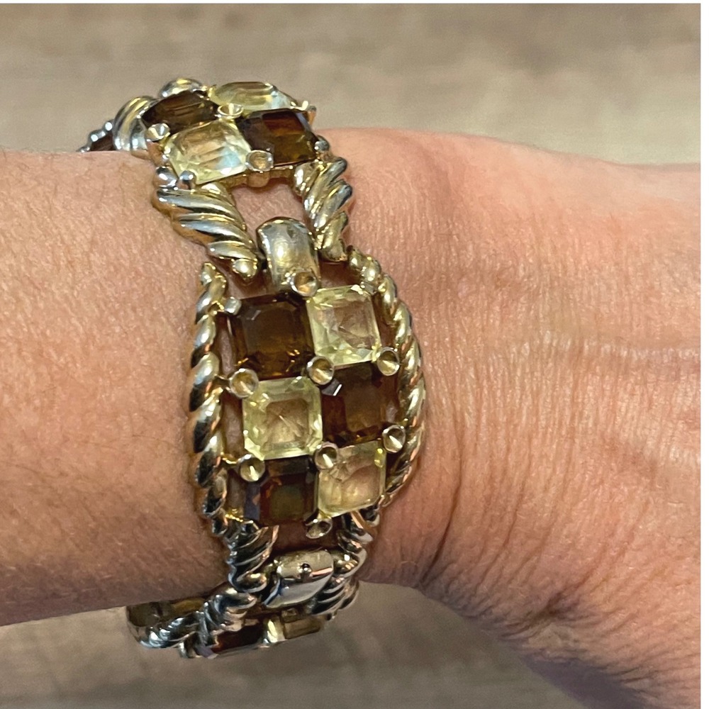 Vintage Gold Tone Chessboard Link Bracelet Amber Brown Crystal Stones Women's‎